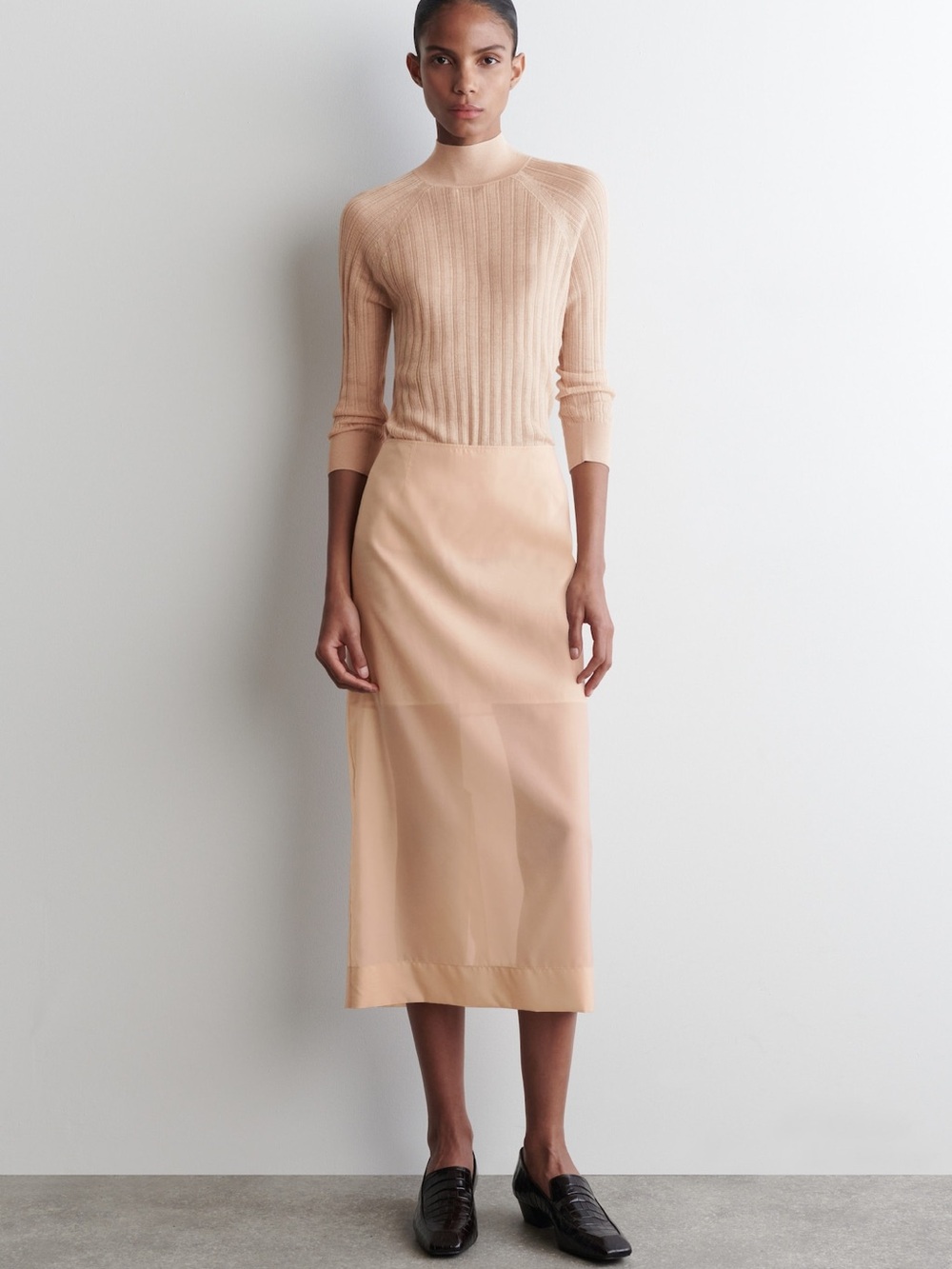 COS Sheer Panel Midi Skirt in Nude Beige